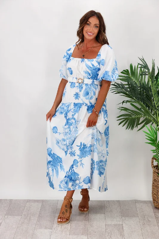 Style State Floral Maxi Dress With Belt White Blue