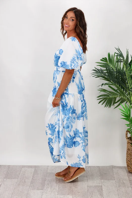 Style State Floral Maxi Dress With Belt White Blue