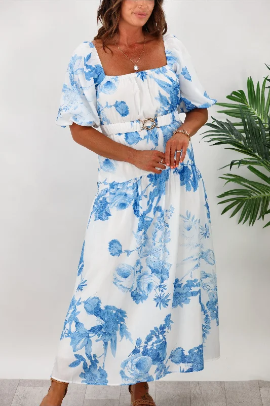 Style State Floral Maxi Dress With Belt White Blue