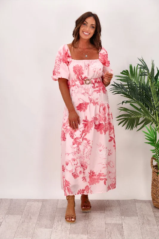 Style State Floral Maxi Dress With Belt White Pink