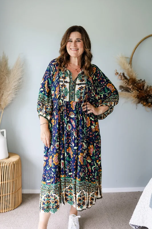 Sunday Boho Daria Dress Green Navy Print