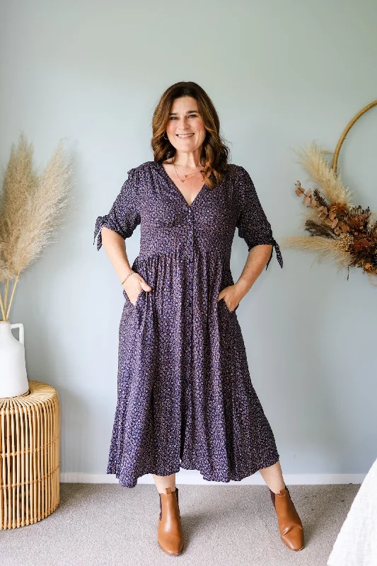 Sunday Boho Mabel Dress Ditsy Tan Leaf Navy