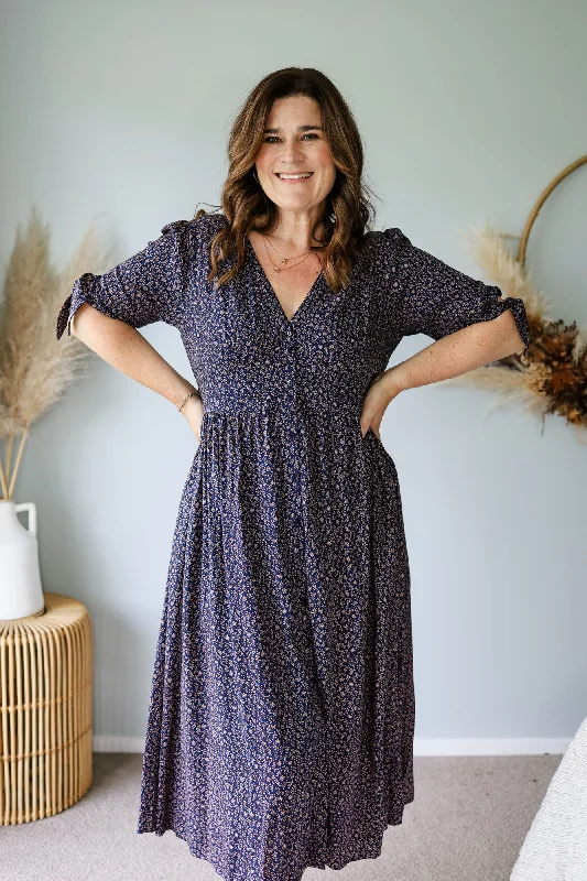 Sunday Boho Mabel Dress Ditsy Tan Leaf Navy