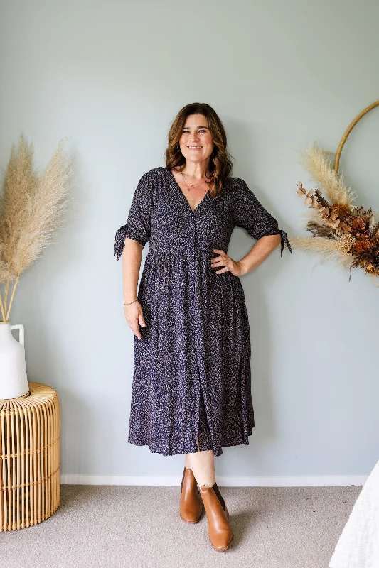 Sunday Boho Mabel Dress Ditsy Tan Leaf Navy