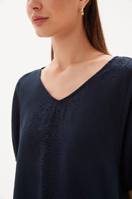 Tirelli V Neck Bishop Sleeve Top Deep Navy