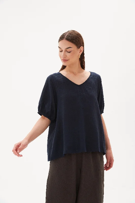 Tirelli V Neck Bishop Sleeve Top Deep Navy