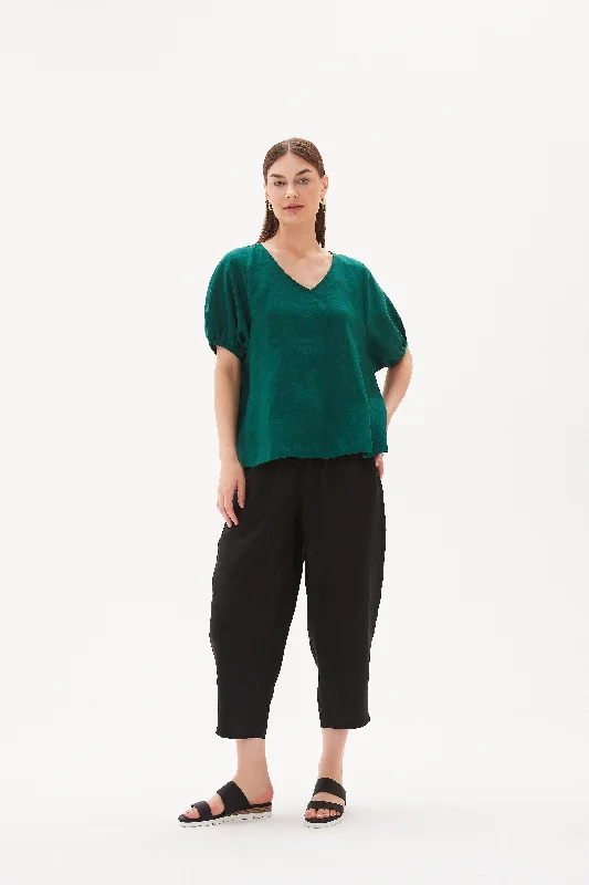 Tirelli V Neck Bishop Sleeve Top Emerald Green