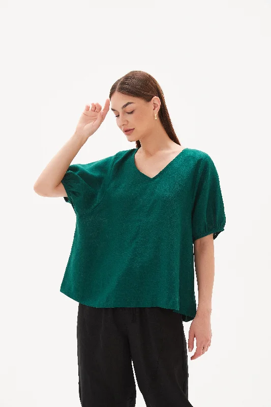 Tirelli V Neck Bishop Sleeve Top Emerald Green