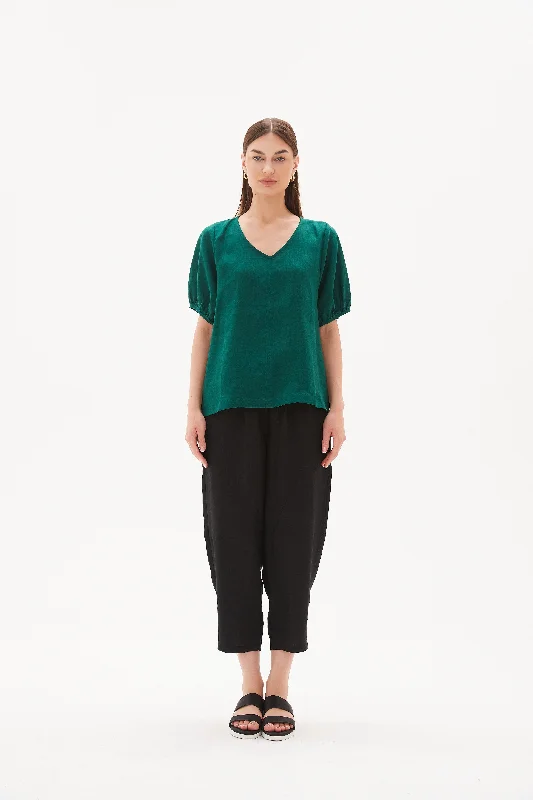 Tirelli V Neck Bishop Sleeve Top Emerald Green