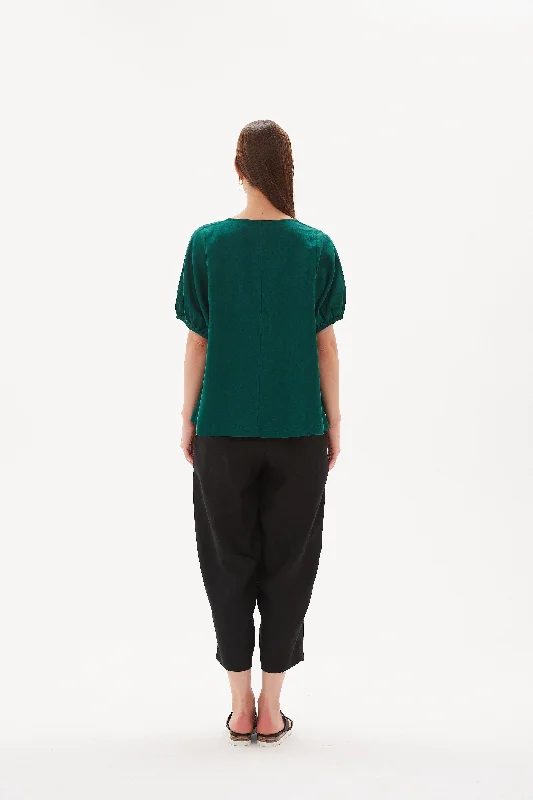 Tirelli V Neck Bishop Sleeve Top Emerald Green