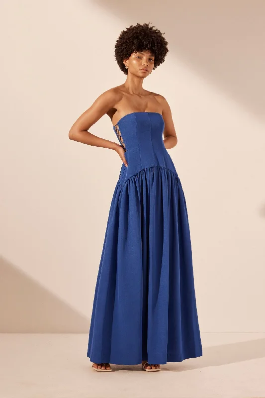 VENTO LACE UP STRAPLESS MAXI DRESS - COBALT