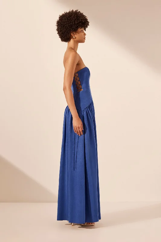 VENTO LACE UP STRAPLESS MAXI DRESS - COBALT