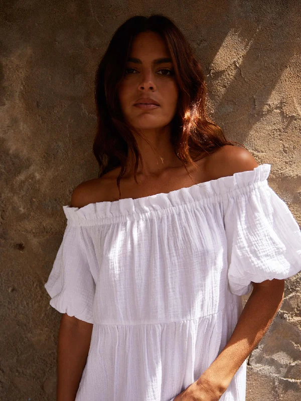 White Off Shoulder Cheesecloth Dress