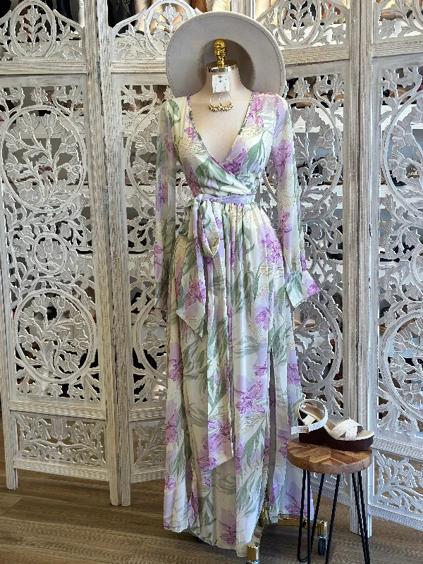 Wrapped Lavender Pattern Maxi Dress-No Estira, Not Stretchy