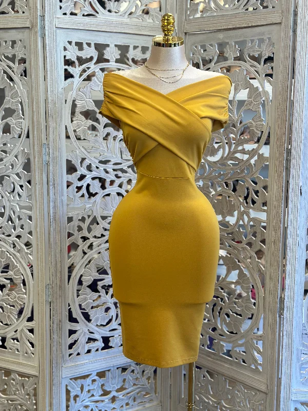 Wrapped Mustard Off Shoulder Dress- Stretchy, Estira