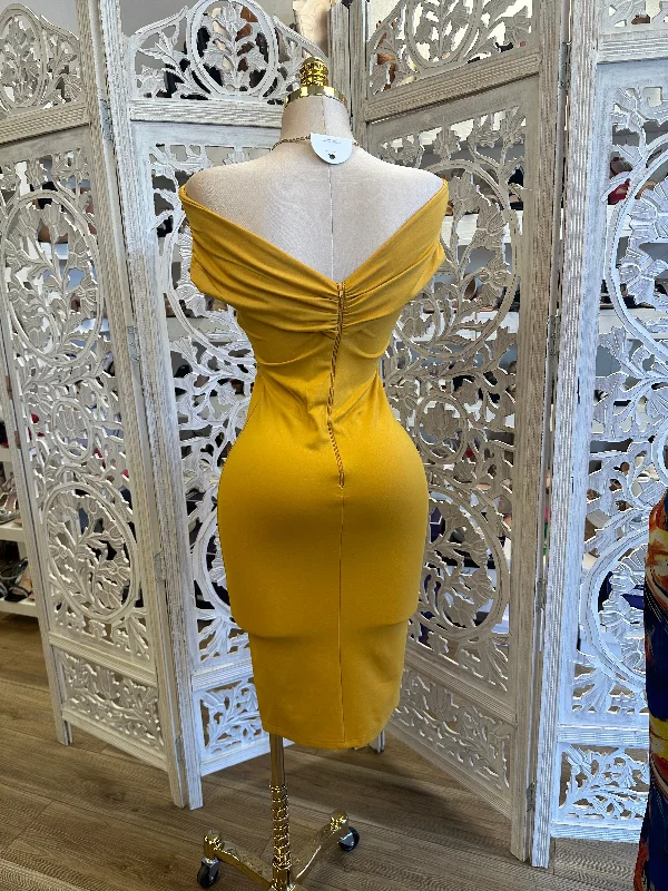 Wrapped Mustard Off Shoulder Dress- Stretchy, Estira