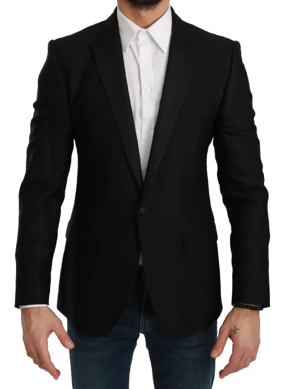 Elegant Black Polka Dotted Wool Blend Blazer