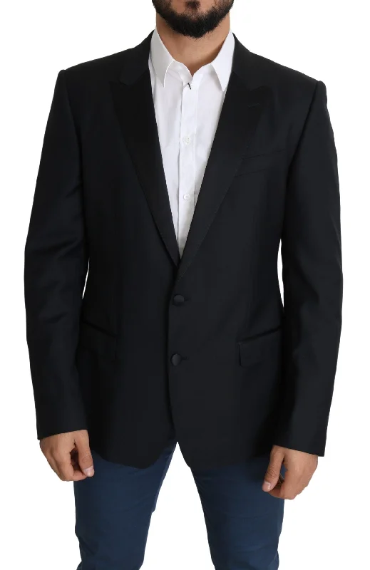 Elegant Black Virgin Wool Silk Blend Blazer