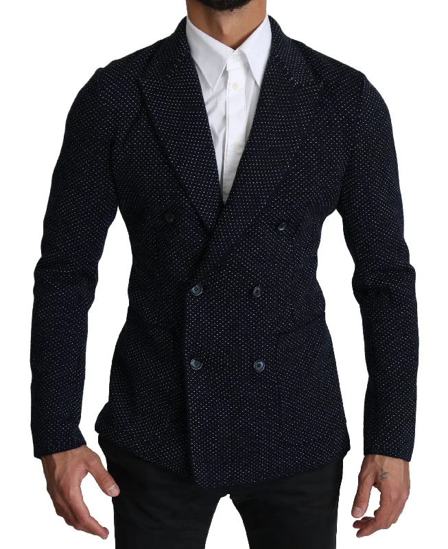 Elegant Dark Blue Dotted Slim-fit Blazer