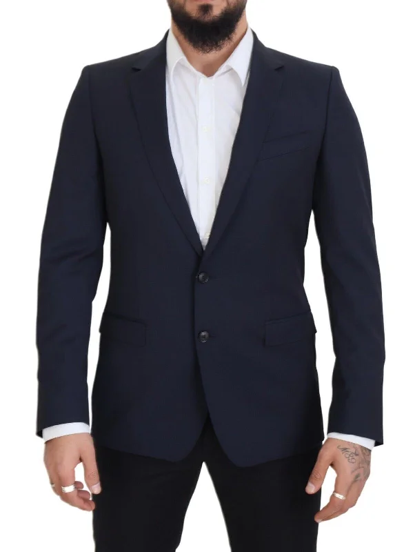 Elegant Dark Blue Slim Fit Wool Blazer