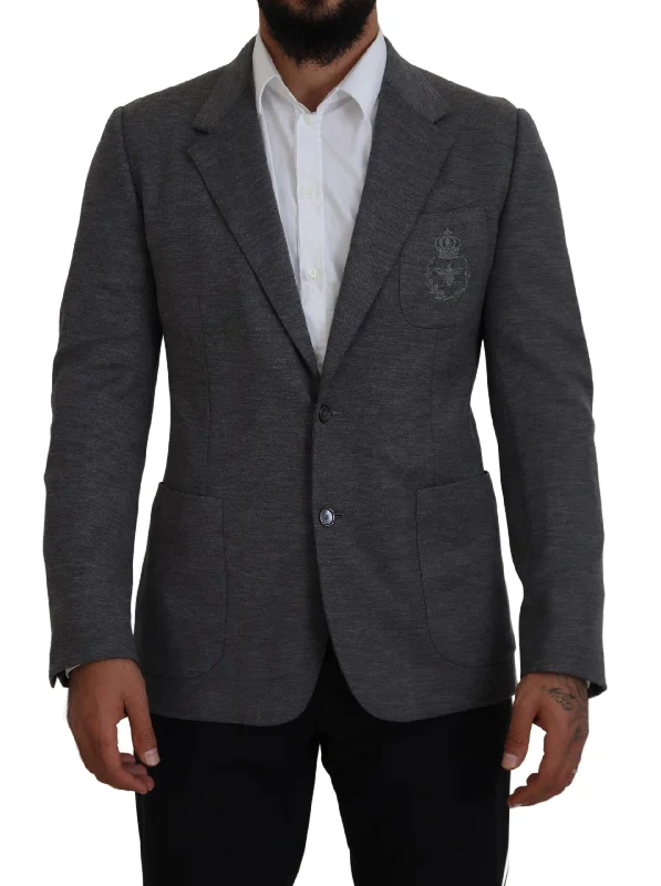 Elegant Gray Wool Blazer With Bee Crown Embroidery