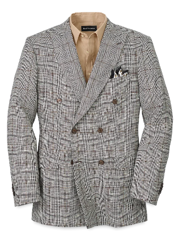 Linen Blend Plaid Double Breasted Peak Lapel Sport Coat - Grey/black