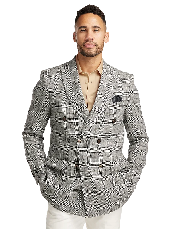 Linen Blend Plaid Double Breasted Peak Lapel Sport Coat - Grey/black