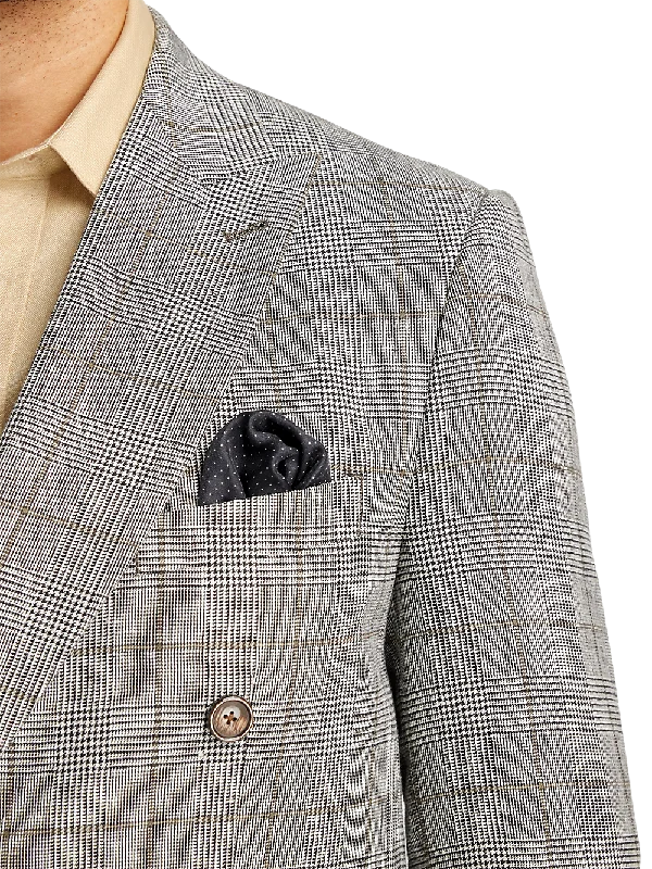 Linen Blend Plaid Double Breasted Peak Lapel Sport Coat - Grey/black