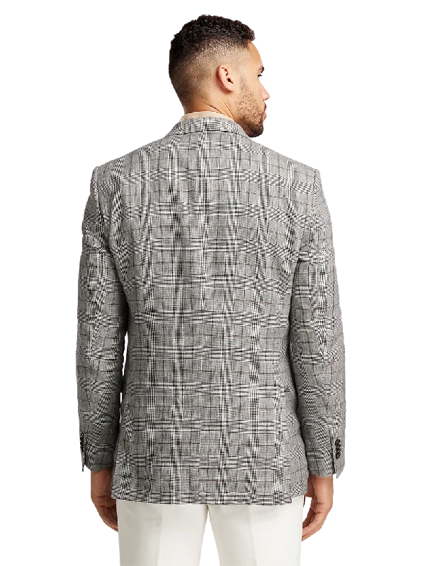 Linen Blend Plaid Double Breasted Peak Lapel Sport Coat - Grey/black