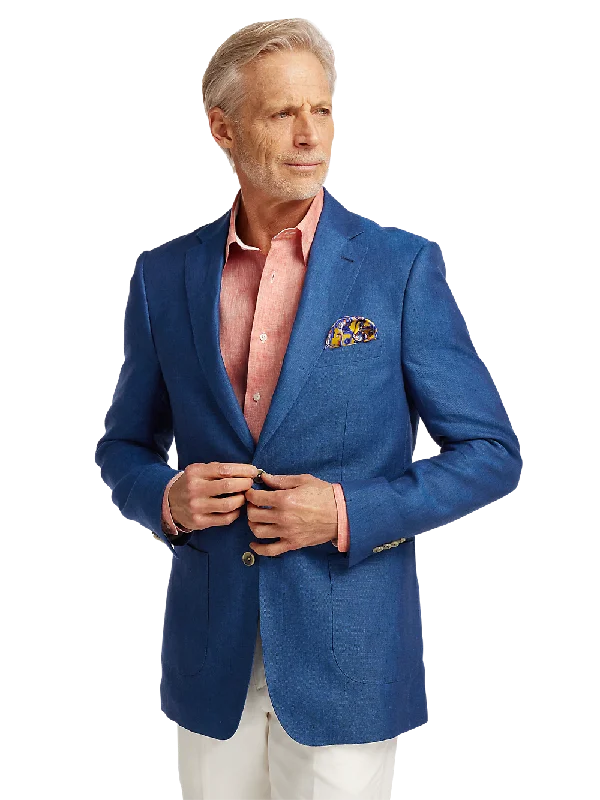 Linen Single Breasted Notch Lapel Sport Coat - Blue