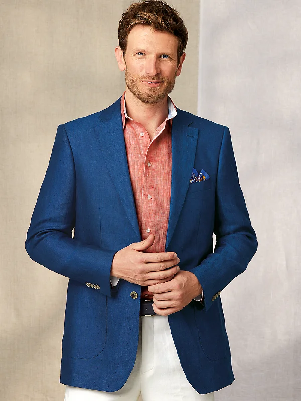 Linen Single Breasted Notch Lapel Sport Coat - Blue