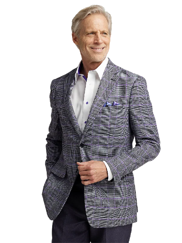 Microfiber Windowpane Single Breasted Notch Lapel Sport Coat - Grey/purple