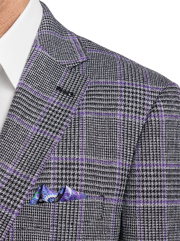 Microfiber Windowpane Single Breasted Notch Lapel Sport Coat - Grey/purple