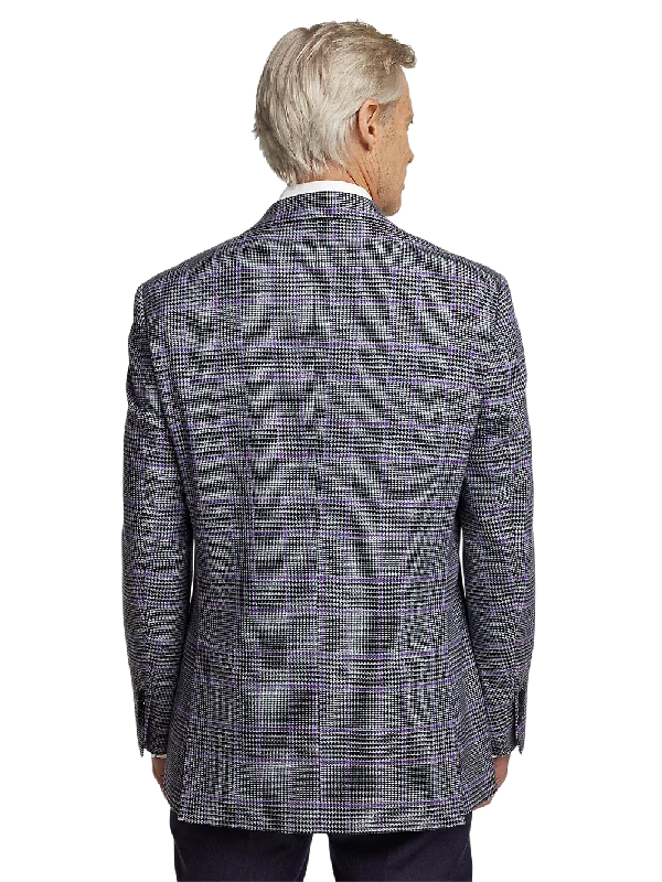 Microfiber Windowpane Single Breasted Notch Lapel Sport Coat - Grey/purple