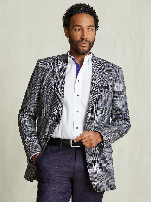 Microfiber Windowpane Single Breasted Notch Lapel Sport Coat - Grey/purple