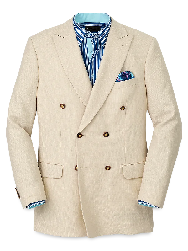 Wool Blend Double Breasted Peak Lapel Sport Coat - Cream