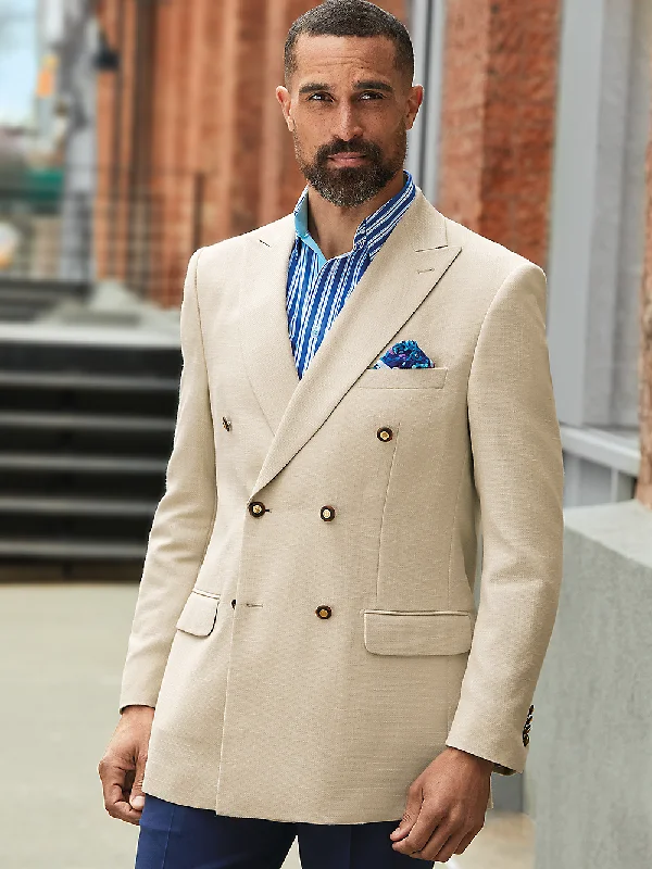 Wool Blend Double Breasted Peak Lapel Sport Coat - Cream