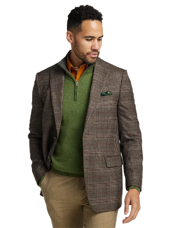 Wool Plaid Single Breasted Notch Lapel Sport Coat - Brown