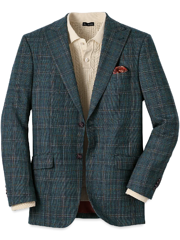 Wool Plaid Single Breasted Peak Lapel Sport Coat - Teal