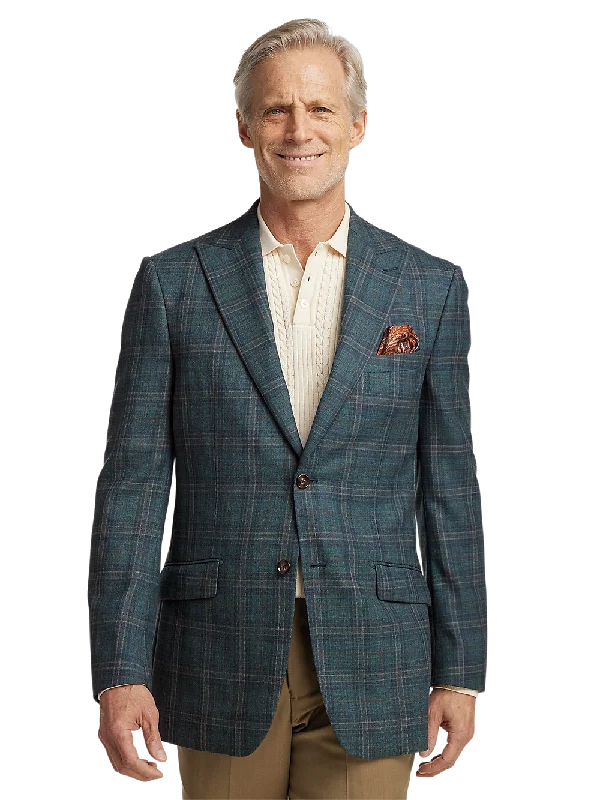 Wool Plaid Single Breasted Peak Lapel Sport Coat - Teal