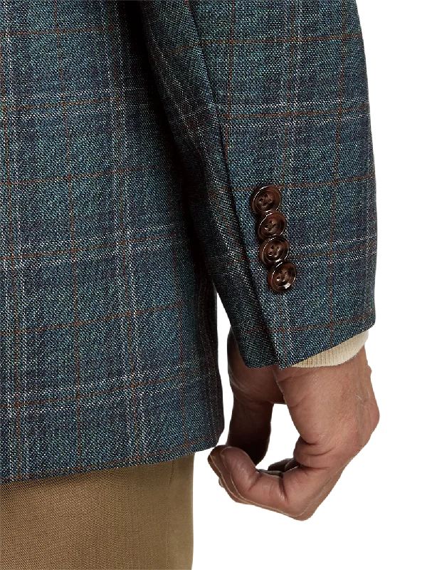 Wool Plaid Single Breasted Peak Lapel Sport Coat - Teal