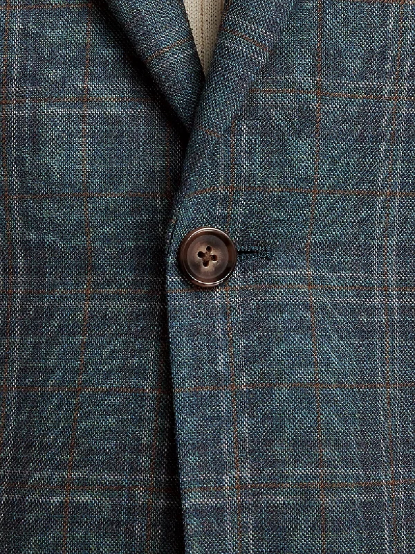 Wool Plaid Single Breasted Peak Lapel Sport Coat - Teal