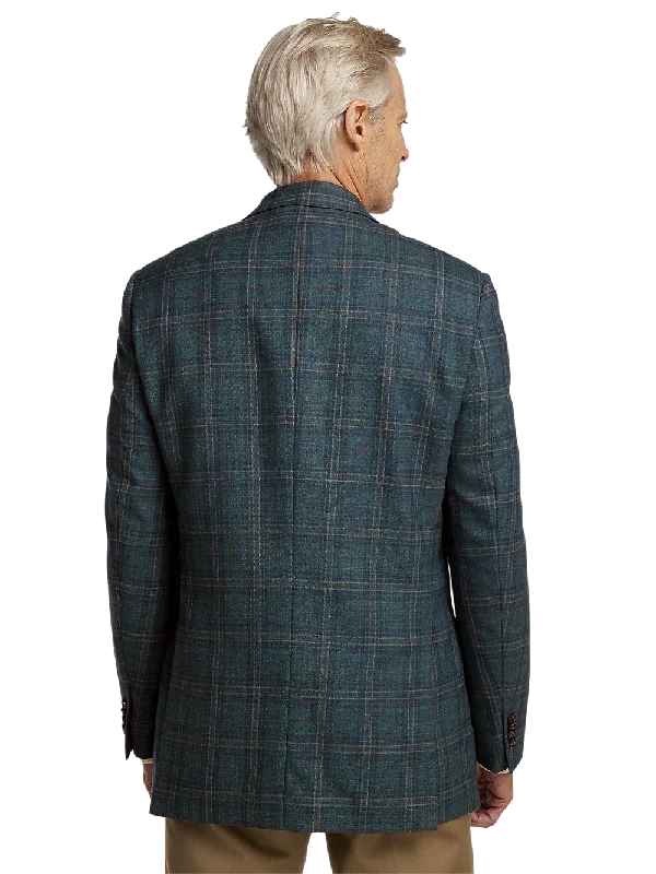 Wool Plaid Single Breasted Peak Lapel Sport Coat - Teal