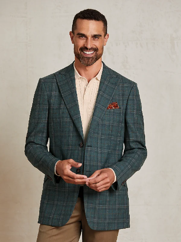 Wool Plaid Single Breasted Peak Lapel Sport Coat - Teal