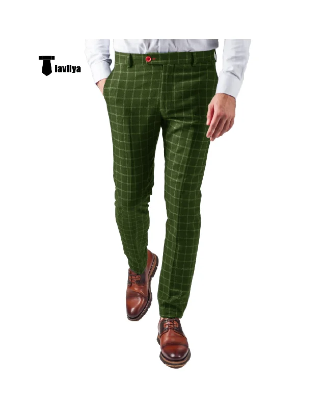 Fashion Men's Suit Pants Plaid Regular Fit Trousers