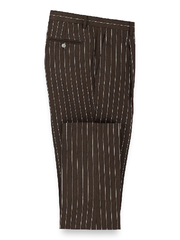 Linen Pinstripe Single Pleat Suit Pants - Dark Brown