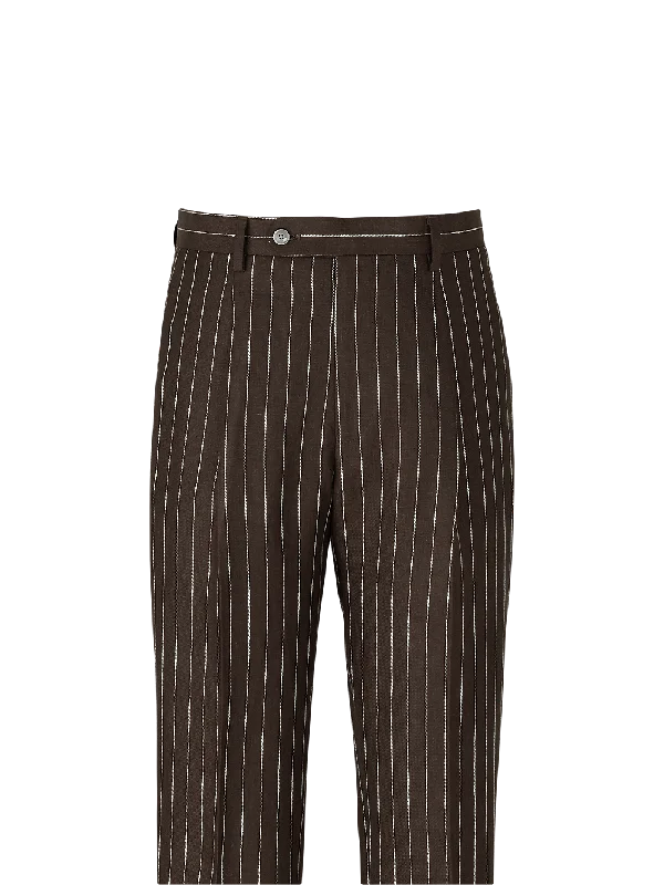 Linen Pinstripe Single Pleat Suit Pants - Dark Brown