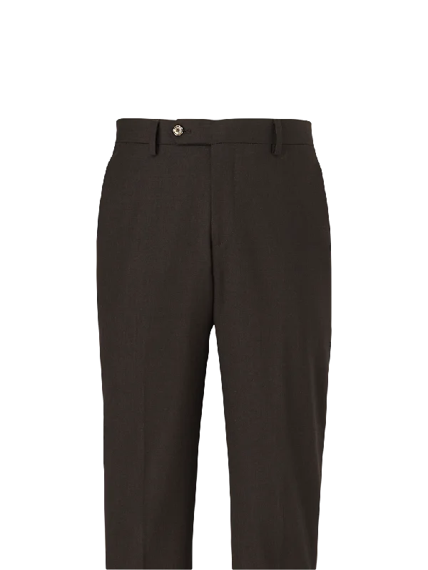 Wool Stretch Bengaline Flat Front Suit Pants - Dark Brown