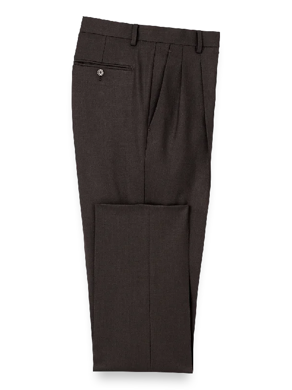 Wool Stretch Bengaline Pleated Suit Pants - Dark Brown