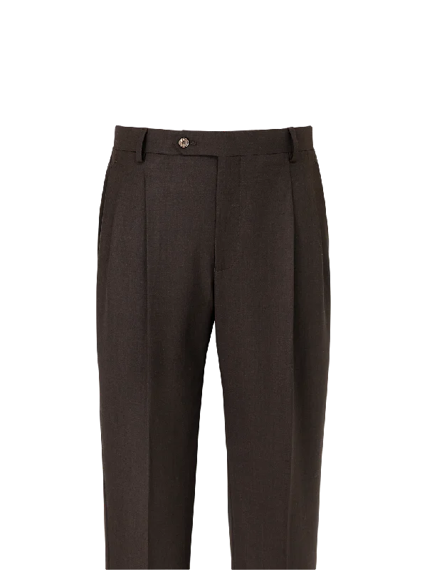 Wool Stretch Bengaline Pleated Suit Pants - Dark Brown